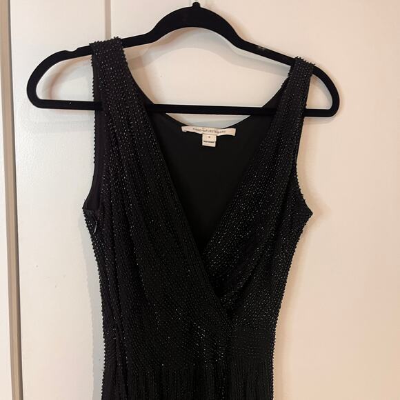 Diane von Furstenberg Black Sequin Drape Front Shift Dress Sz 6 - Picture 3 of 11